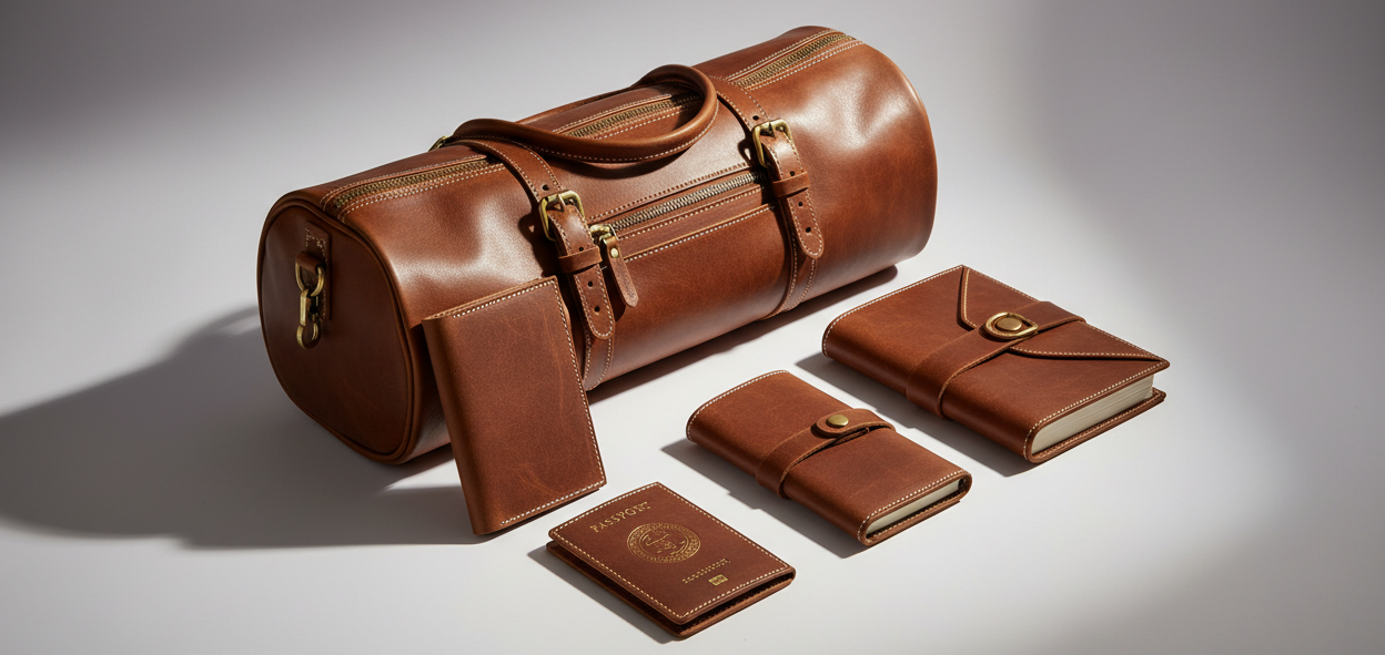 A premium hero banner image of a handcrafted brown leather products  made from authentic Moroccan leather, photographed in a clean studio setting. The products is placed slightly off-center on a soft light background with subtle shadows, showcasing rich leather texture, natural patina, fine stitching, and brass hardware. Warm, elegant lighting highlights the craftsmanship and material quality. Minimalist, luxury aesthetic, high detail, realistic photography,